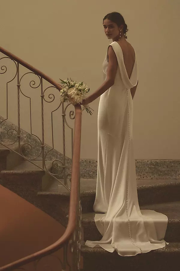 Jenny by Jenny Yoo Nessa High-Neck Draped Open-Back Satin Wedding Gown | Anthropologie (US)