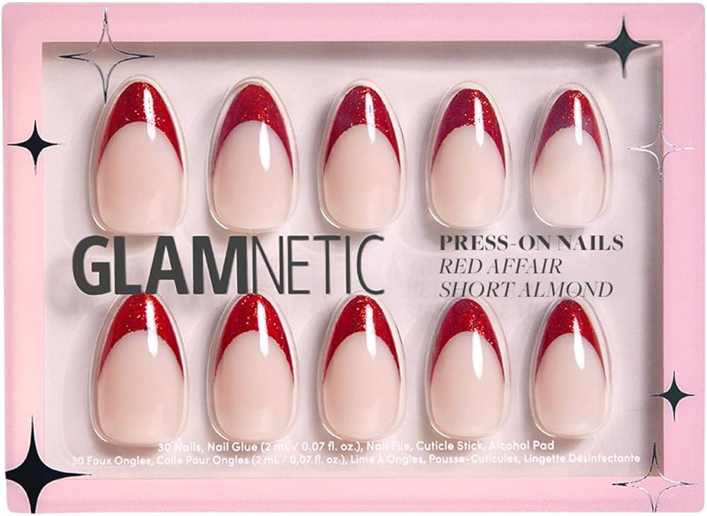 Glamnetic Press On Nails - Red Affair | Short Almond Red Glitter French Tip Nails with a Glossy F... | Amazon (US)