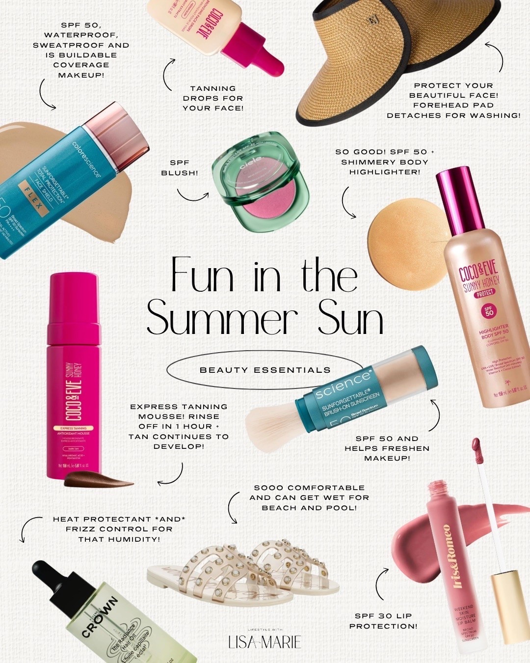 Beauty essentials for fun in the summer sun! Face and body self-tanning mousse, lotion and oil. SPF makeup, foundation, blush and lip gloss. Water-friendly sandals for the pool and beach. Luxury hats and visors for skin protection. Heat protectant and frizz control.

#LTKgrwm #LTKmorningroutine #LTKBeauty