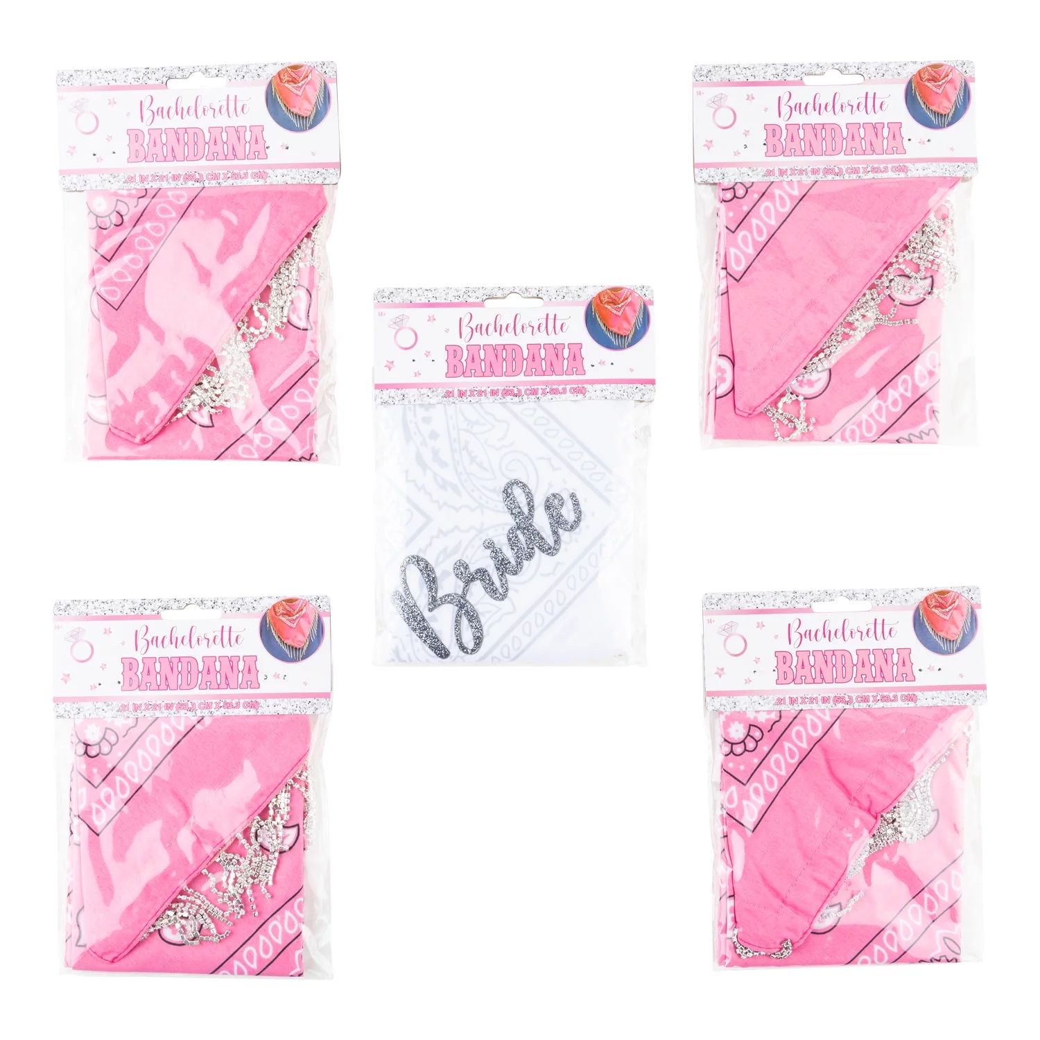 Bachelorette Fringe Bandana, 5PK with one white and four pink rhinestone bandanas | Walmart (US)