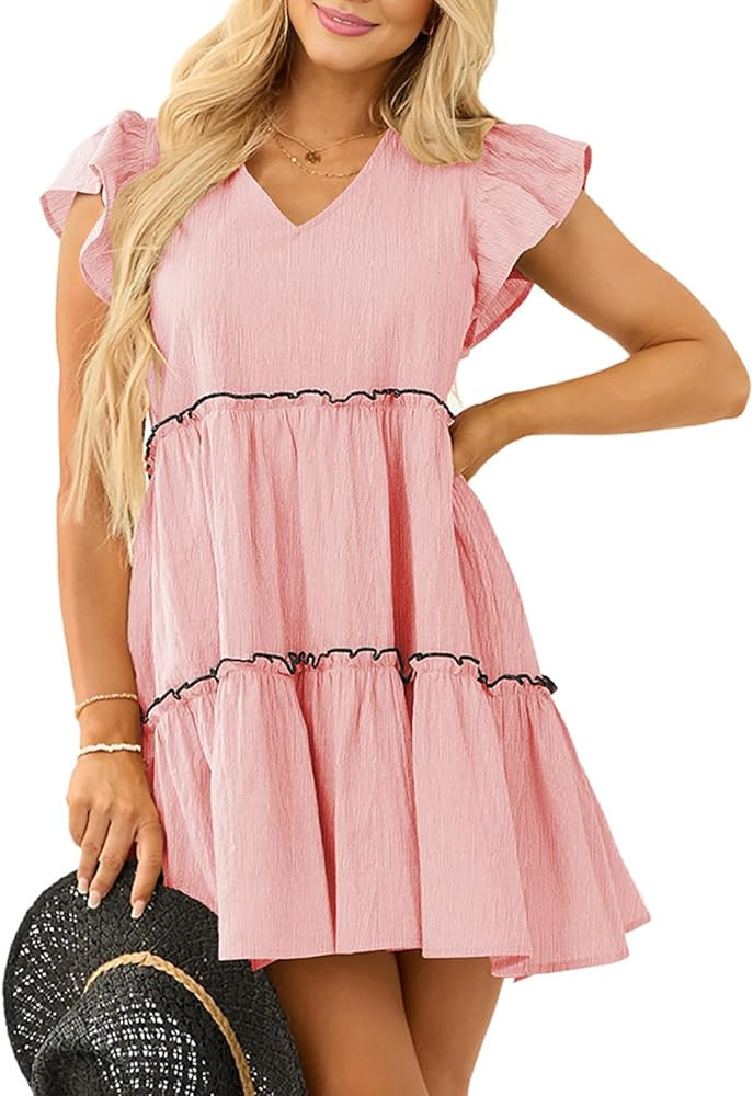 Women’s Summer Babydoll Mini Dress V Neck Tie Back Ruffle Sleeve Casual Tiered Loose Flowy Swin... | Amazon (US)