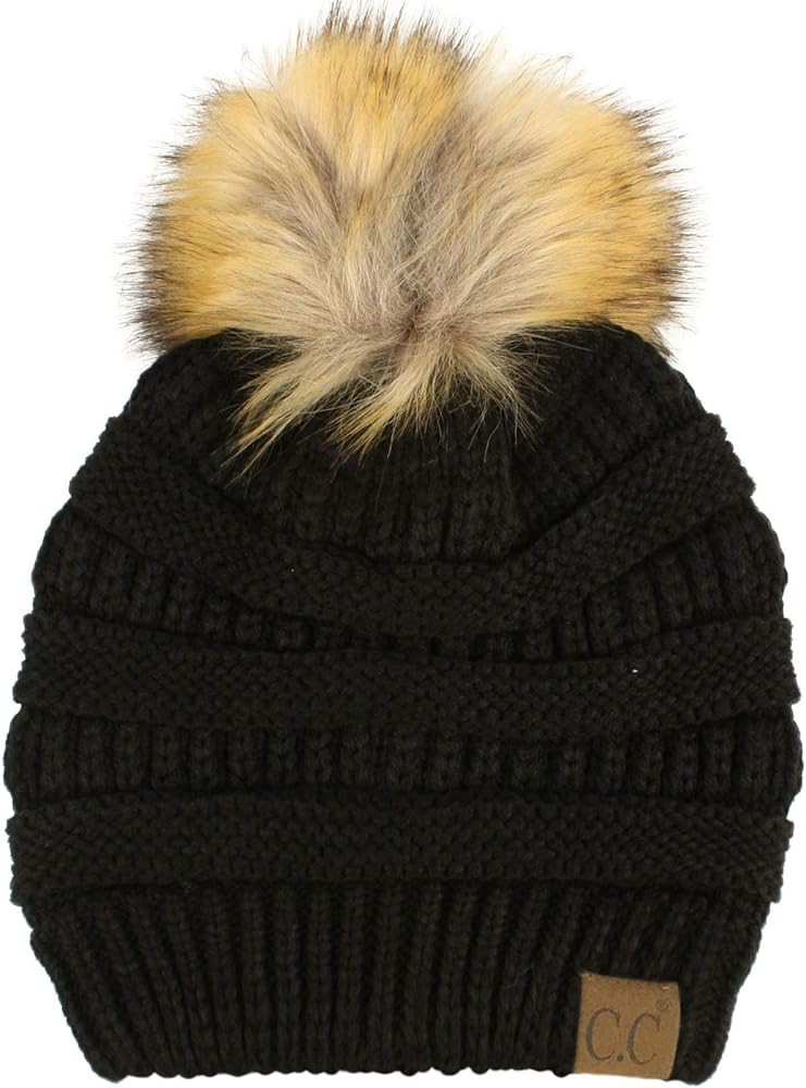CC Fur Pom Winter Fall Trendy Chunky Stretchy Cable Knit Beanie Hat | Amazon (US)