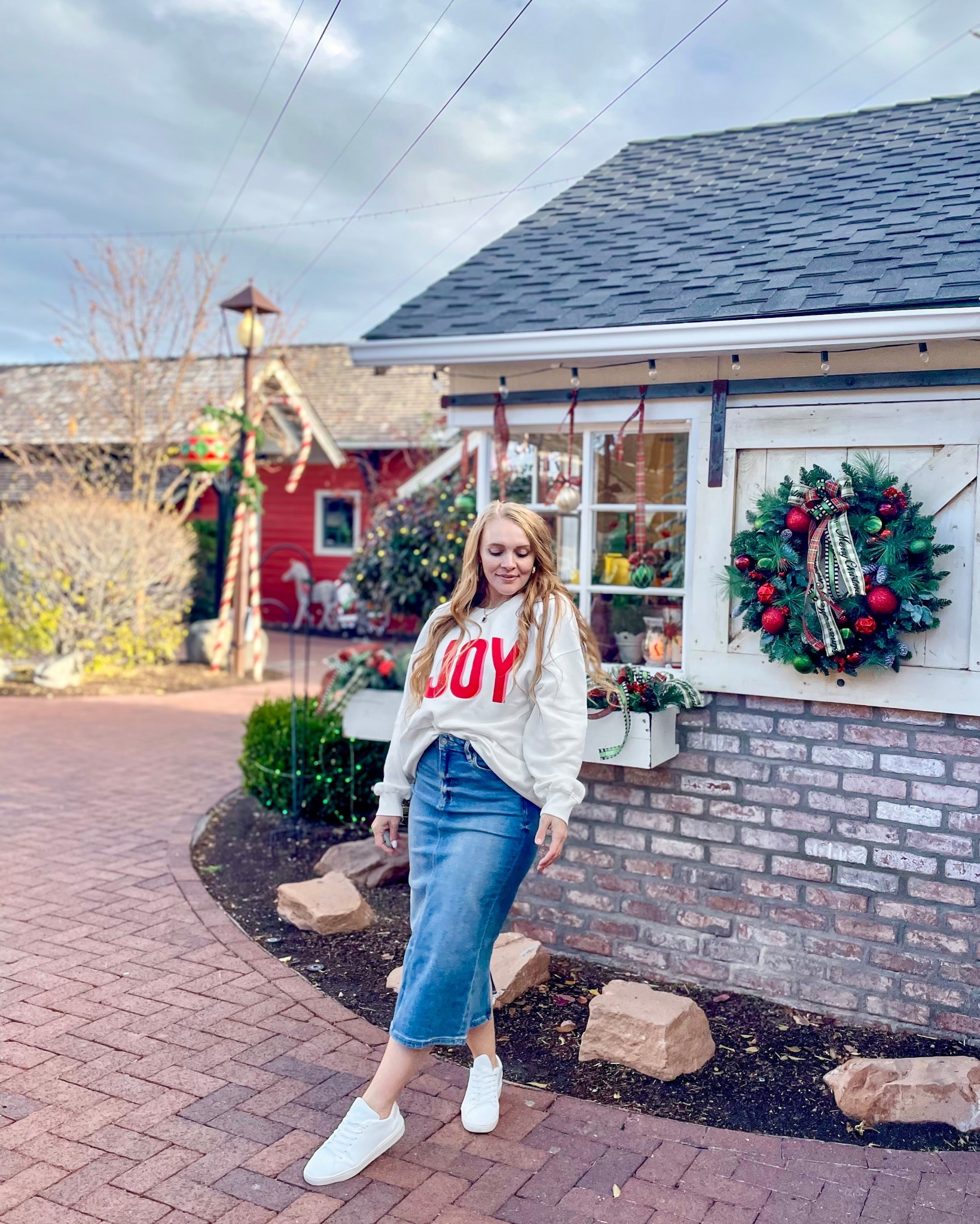 May your December be full of joy♥️
I love pairing a cute sweatshirt with a denim skirt and some sneakers! It makes the perfect casual winter outfit! 

#LTKSeasonal #LTKSaleAlert #LTKFindsUnder50