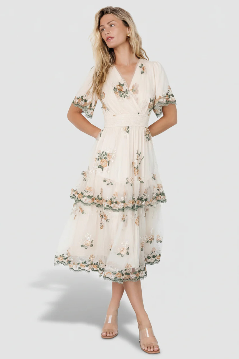 Cynthia Cream Floral Embroidered Midi Dress | Baltic Born | Baltic Born