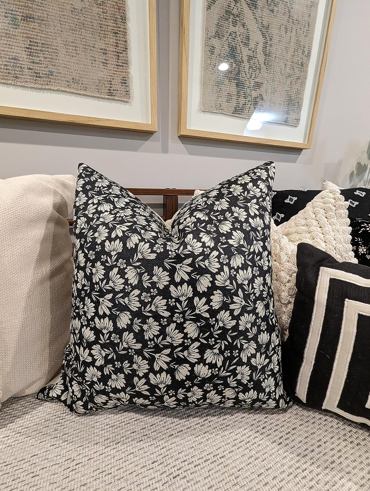 Decorative Square Throw Pillow Cover Farmhouse Linen Cute Old White Contrast Floral Beautiful Dai... | Amazon (US)