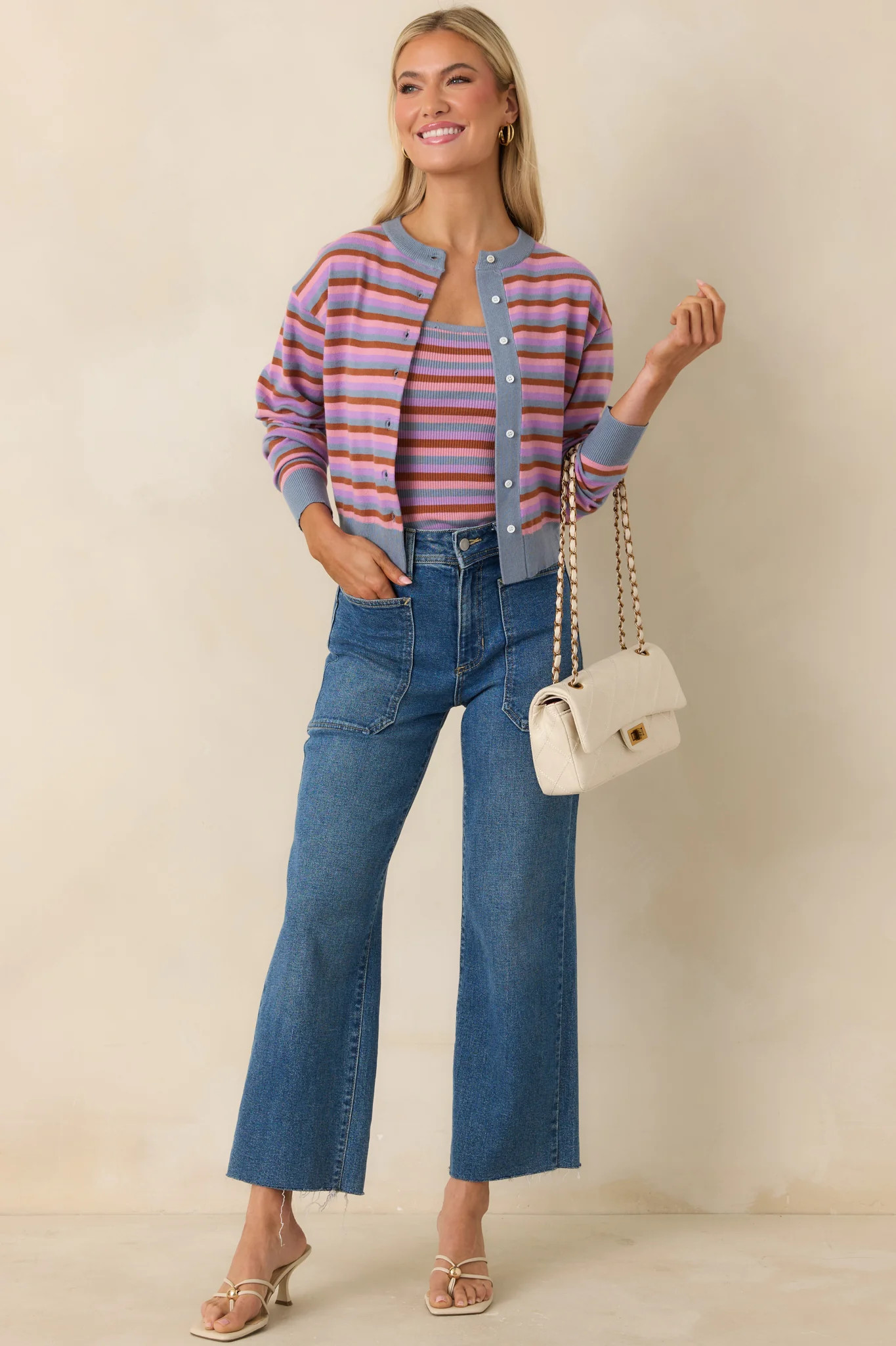 FRNCH Adria Light Blue Multi Stripe Cardigan | Red Dress