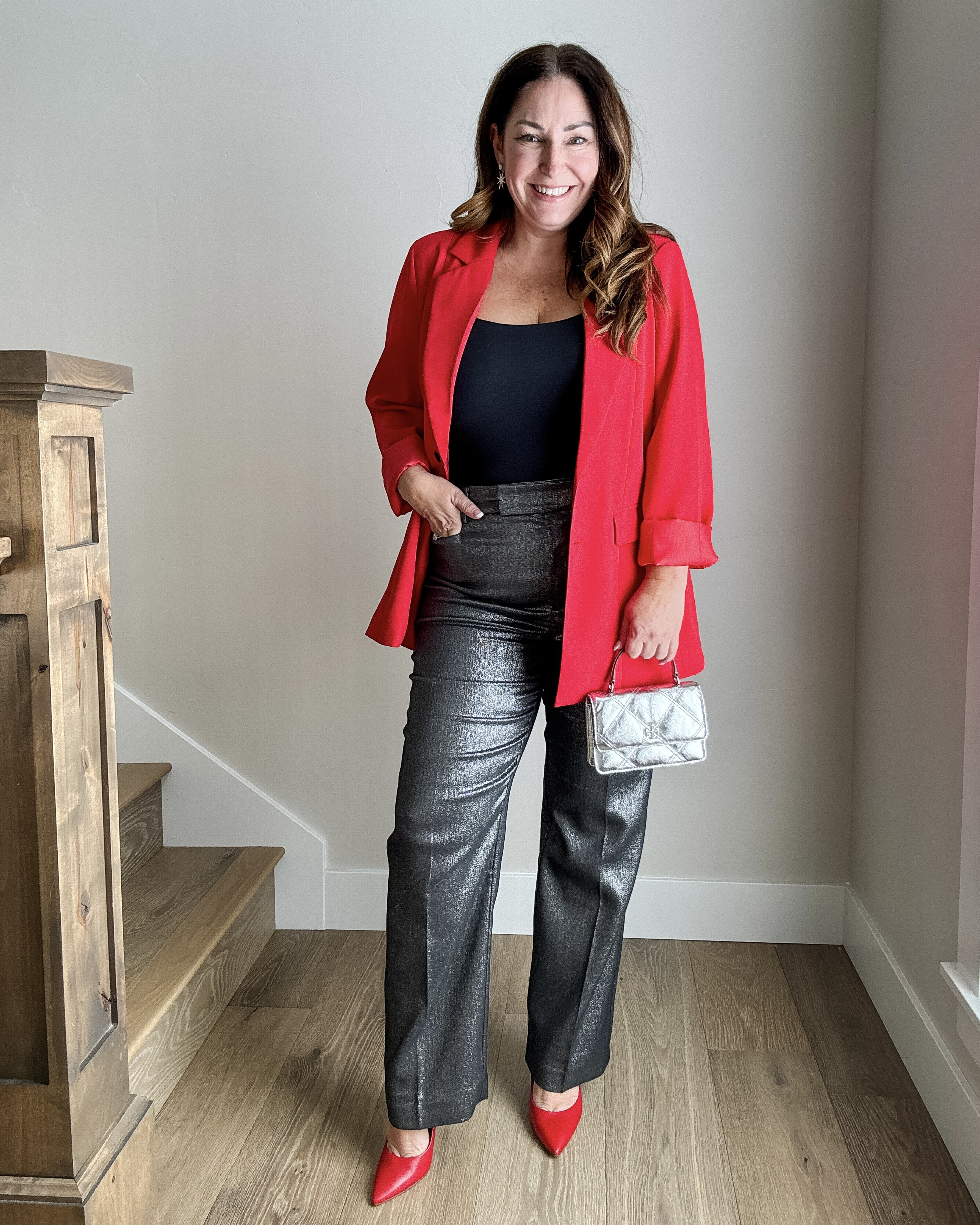 Holiday outfit from LOFT 
· wearing xl in bodysuit , 14 in shimmer pants (size up these run small) blazer tts, L


Christmas, Holiday party, holiday looks, thanksgiving, new year, shimmer pants  TheRecruiterMom

#LTKSeasonal #LTKHoliday #LTKSaleAlert