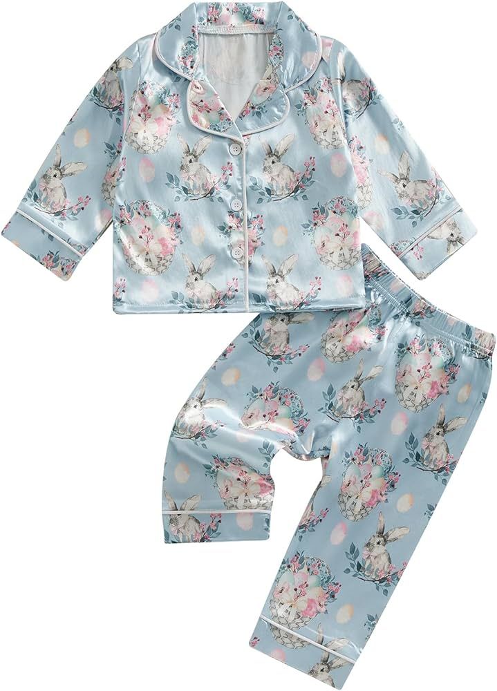 Toddler Baby Girl Easter Pajamas Bunny&Flower Silk Satin PJs Long Sleeve Shirt Pants Kids Easter ... | Amazon (US)