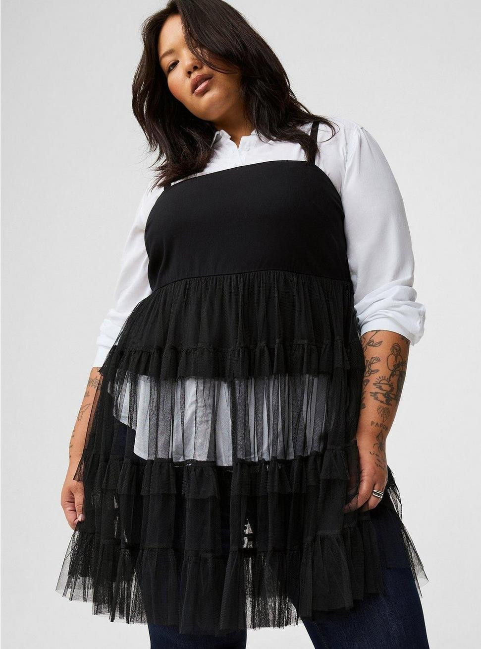 Challis And Mesh Tiered Sleeveless Top | Torrid (US & Canada)