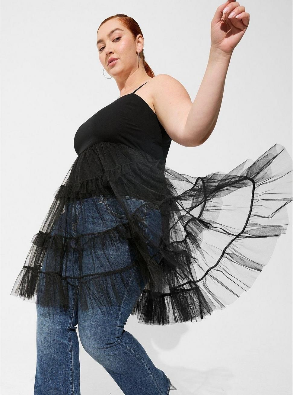 Challis And Mesh Tiered Sleeveless Top | Torrid (US & Canada)