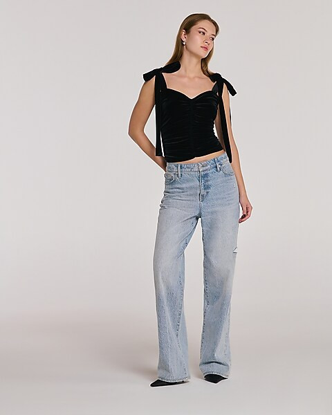 High Waisted Light Wash Ripped 50/50 Rigid Stretch Relaxed Straight Jeans | Express