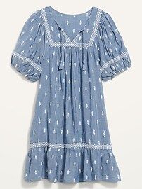 Puff-Sleeve Split-Neck Embroidered Mini Swing Dress for Women | Old Navy (US)