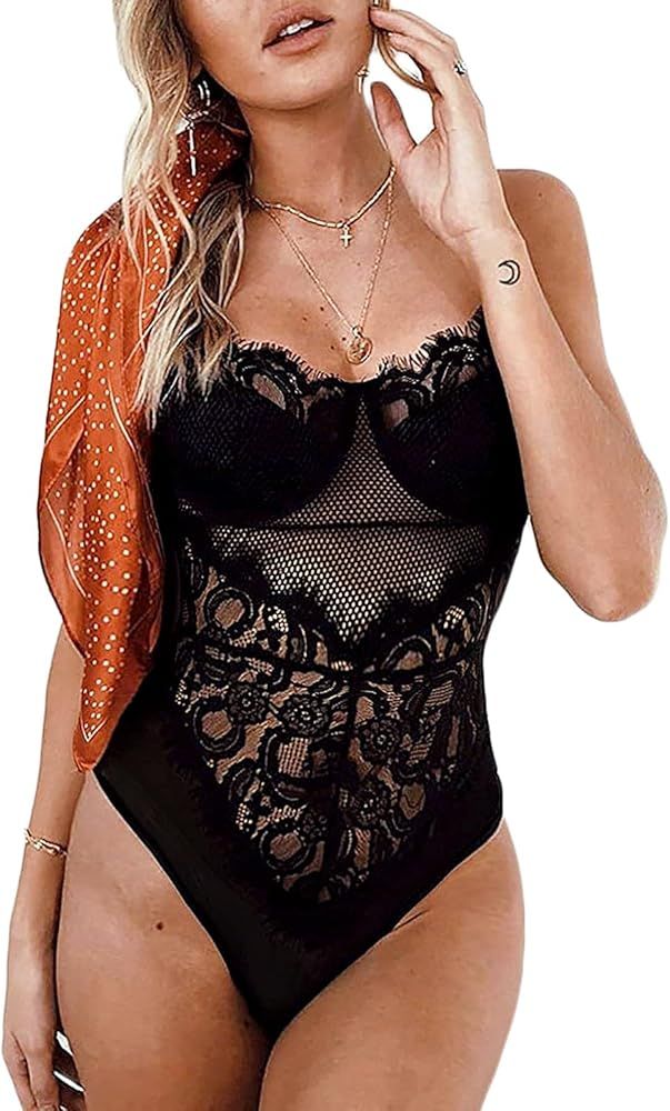 Kaei&Shi See Through Lingerie V-Neck Floral Lace Babydoll Sexy Lingerie For Women One Piece Bodysuit | Amazon (US)