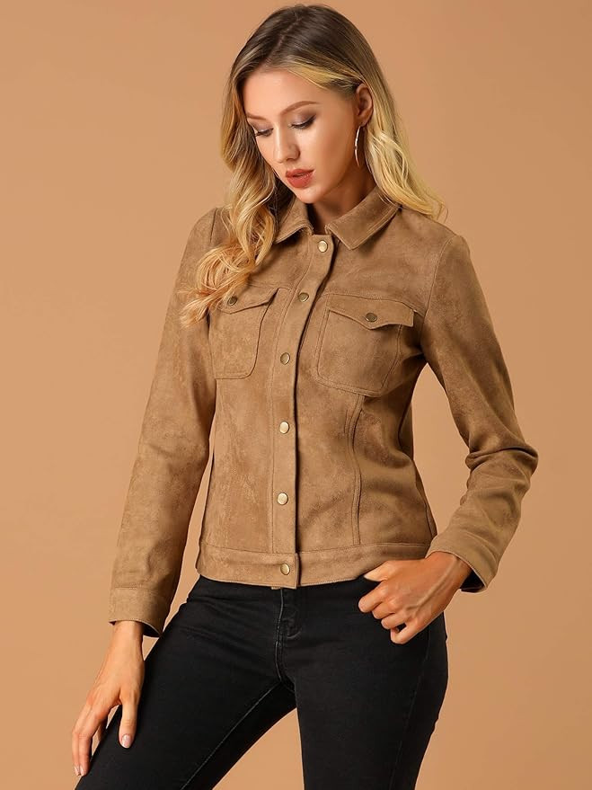Allegra K Women's Turn-Down Collar Flap Pockets Snap Button Faux Suede Jacket | Amazon (US)