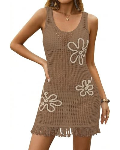 Bsubseach Women's Women Crochet Beach Cover Up,3D Floral Embellished Mesh Knit Bathing Suit Coverups for Summer Vacation Khaki | Amazon (US)