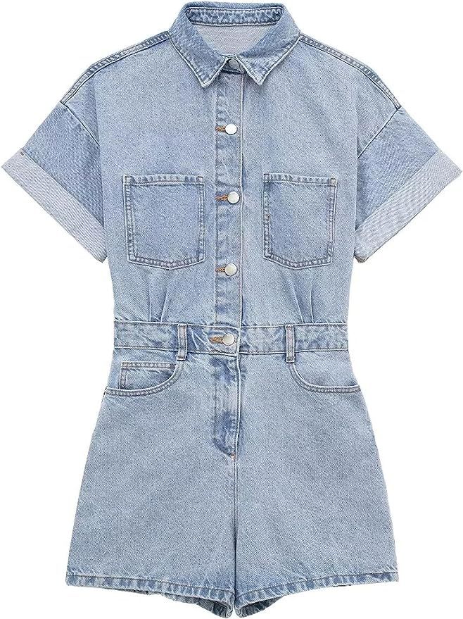 Esmeling Womens Short Sleeve Denim Rompers Shorts Button Up Cropped Jean Jumpsuits Outfit | Amazon (US)