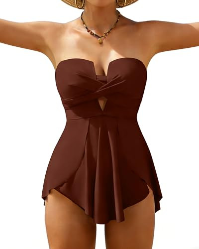 DaiLiWei Womens One Piece Swimsuits Modest Tummy Control Bathing Suit Strapless Bandeau Swim Dres... | Amazon (US)