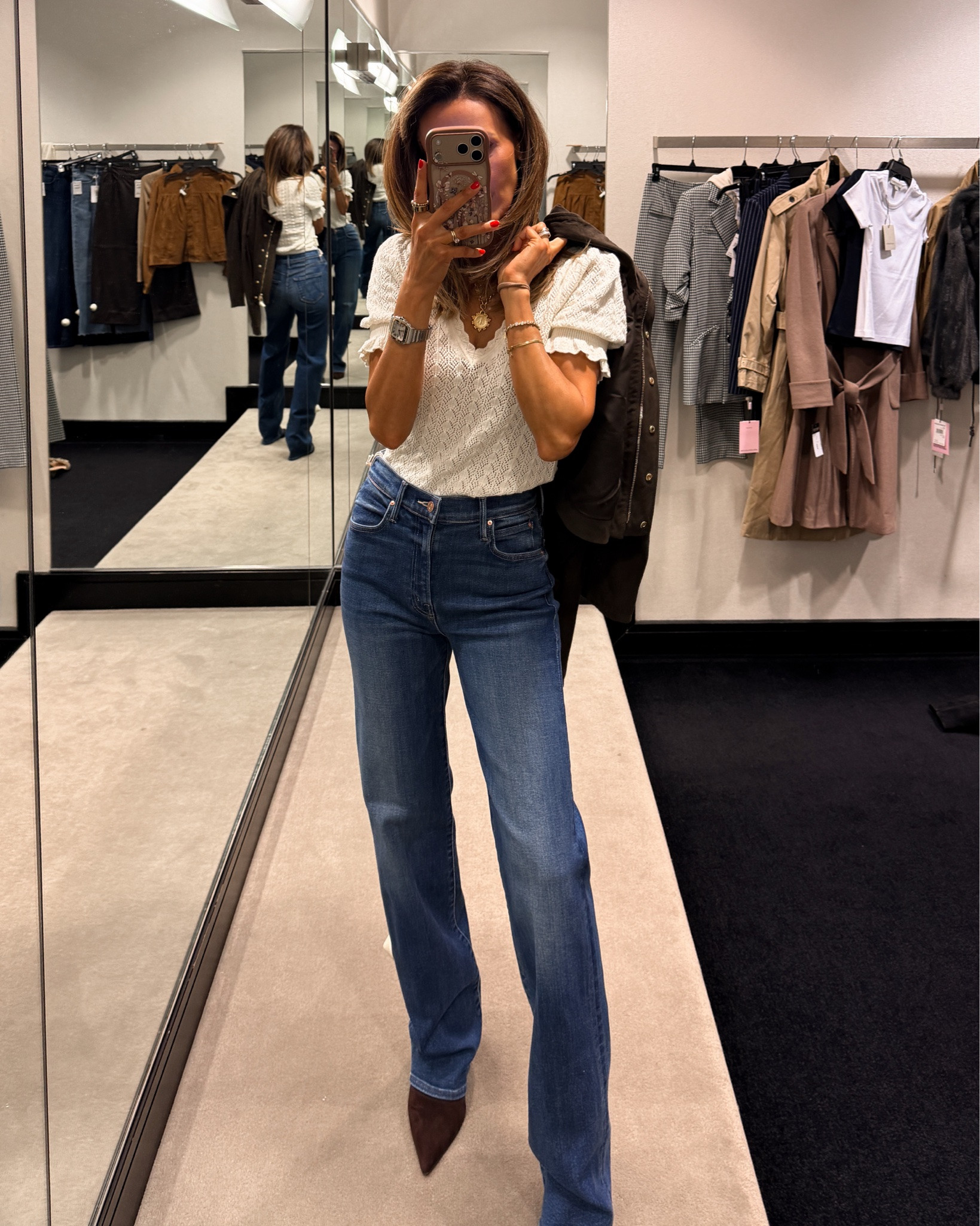 Nordstrom sale picks: 
Mother stretchy jeans tts/25 
Paige crochet top XS 
All saints suede crop jacket small