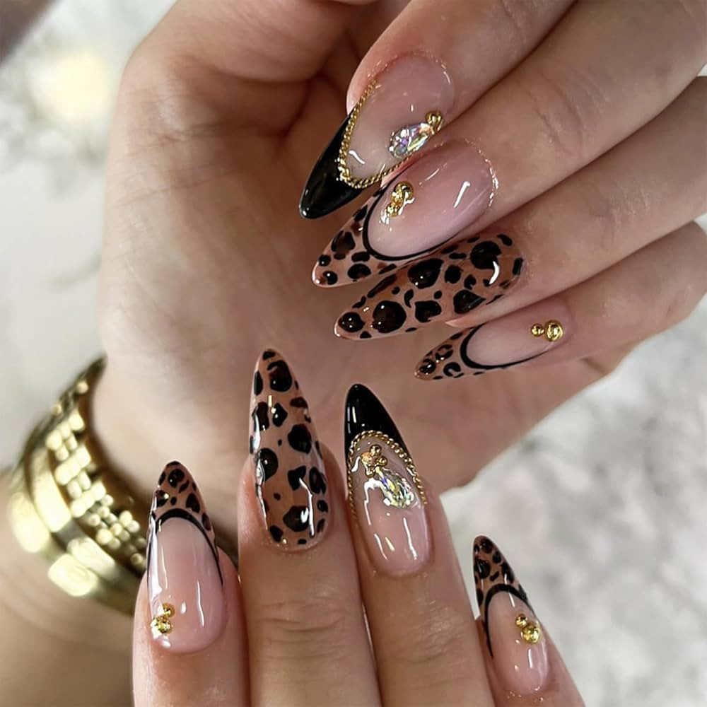 Leopard Press on Nails Almond Medium French Tip Fake Nails with Gold Chain Steel Beads Charms Glo... | Amazon (US)