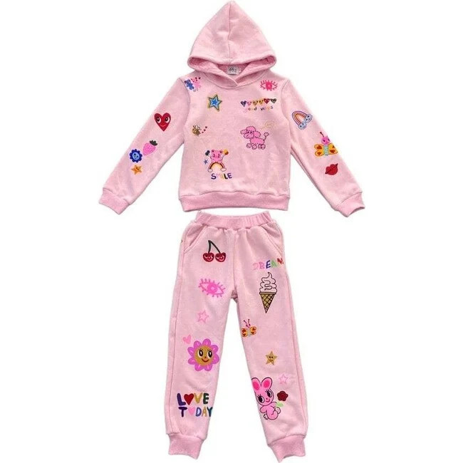 Lola + The Boys | Doodle Art Patch Sweatshirt And Pant Set, (Pink, Size 2Y) | Maisonette | Maisonette