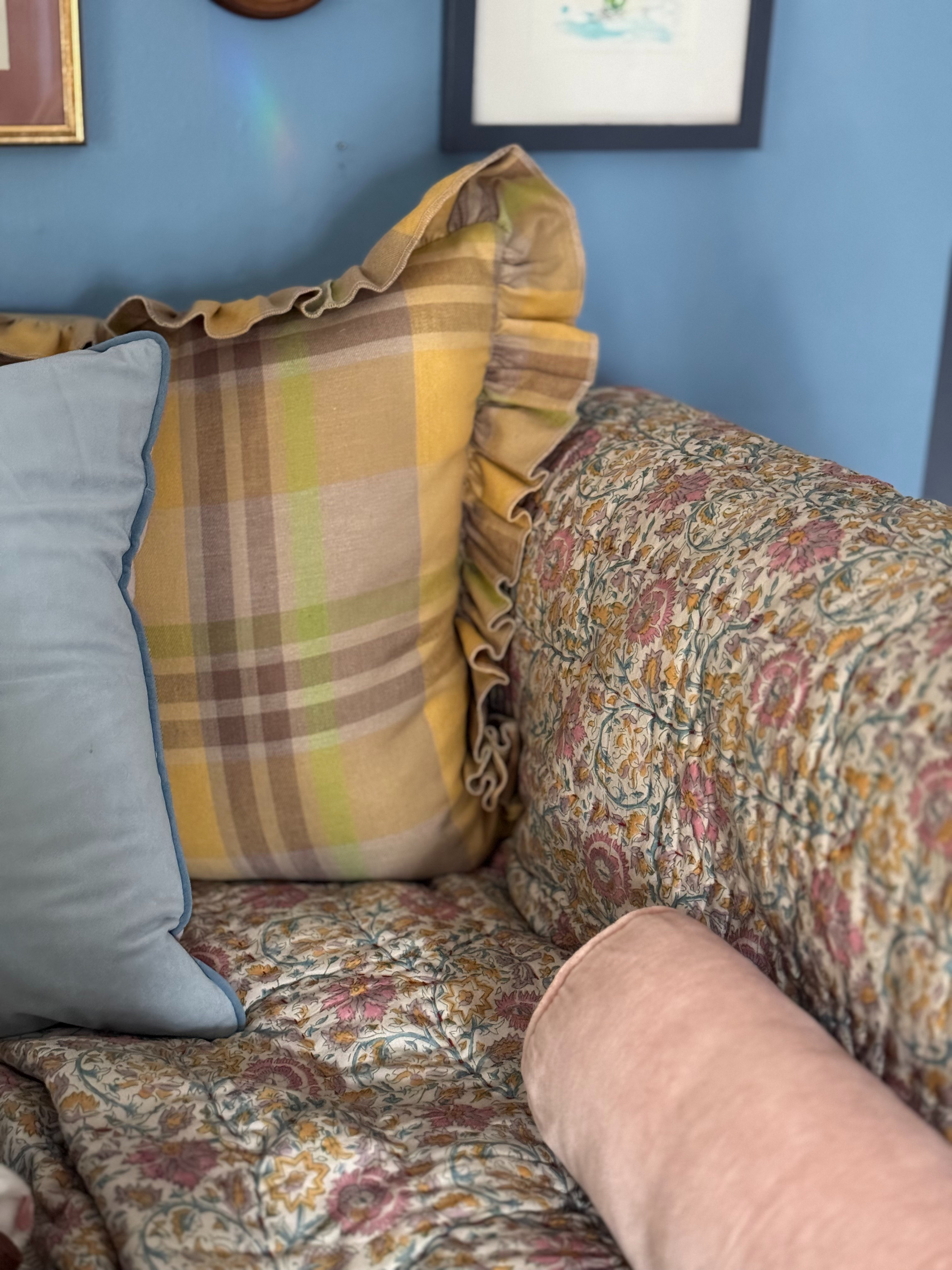 All the pattern & color mixing happening on Max's bed! Plaid ruffled pillows, velvet pillows, floral vintage inspired quilt pop against her Farrow & Ball Cook's Blue walls.

GreenRow, Amazon, Home Decor, Girl Bedroom, Kid Bedroom, Bedding, Lulu & Georgia 

 #LTKHome #LTKFindsUnder100 #LTKFamily