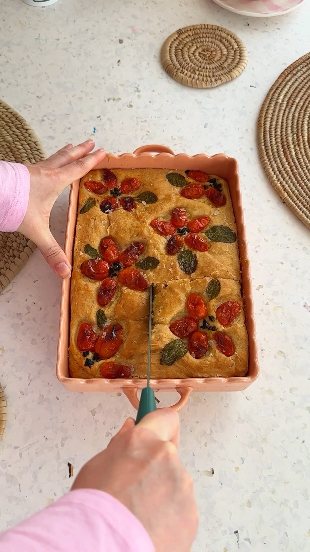 Making my flower art focaccia 💐

🥖INGREDIENTS🥖
Dough:
* 350g organic bread flour
* 7g instant yeast
* 2 tsp fine sea salt
* 2 tbsp olive oil
* 250ml lukewarm water

Toppings:
* Tomatoes
* Fresh basil 
* Chopped olives  
* 1 tbsp Olive oil 
* Sea salt flakes

🥖METHOD🥖
* Tip the flour into a large mixing bowl. Mix the yeast into one side of the flour, and the fine salt into the other side. Then mix everything together.
* Make a well in the middle of the flour and add the olive oil and lukewarm water. Add gradually until you have a slightly sticky dough.
* Sprinkle the work surface with flour and tip the dough onto it. Knead for 5 - 10 minutes, until your dough is soft and less sticky. Put the dough into a clean bowl, cover with a damp tea towel or cling-film and leave to prove for 1 hour, or until doubled in size.
* ﻿Oil a rectangle tin (approximately 20 × 25 cm). Carefully tease the dough out of the bowl and into the tin, then gently stretch it to fill the tin.
* ﻿Using your fresh tomatoes, chopped olives and basil, create a flower pattern by gently pressing them into the dough. 
* ﻿Cover with cling-film or a damp tea towel and leave to prove for another 35 - 45 minutes.
* ﻿Heat oven to 220° C/ 200° C fan/ gas and bake for 20 minutes until golden. 
* Whilst the bread is still hot, drizzle over 1 tbsp olive oil and sprinkle over flaked sea salt.

#LTKeurope #LTKhome