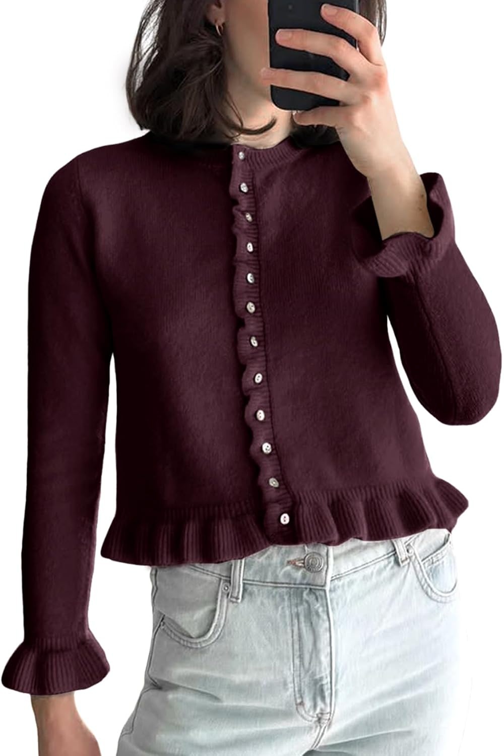 Wyeysyt Womens Cropped Cardigan Sweater Ruffle Hem Knit Sweater | Amazon (US)