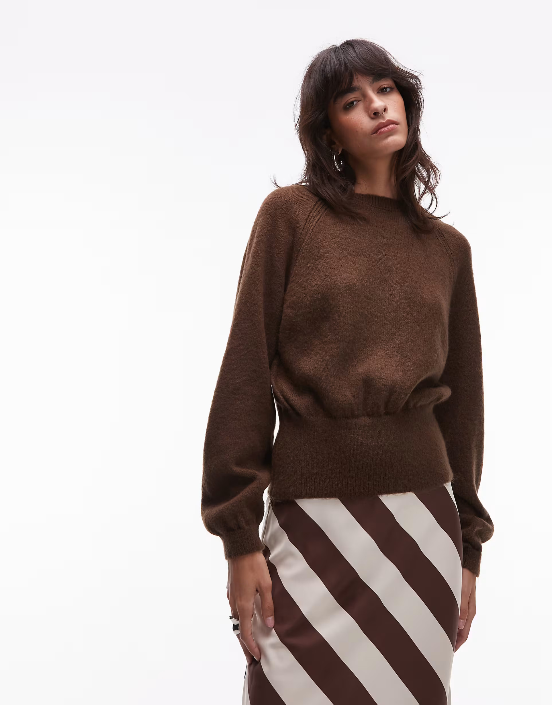ASOS DESIGN fluffy knitted jumper with cinched waist in brown | ASOS | ASOS (Global)