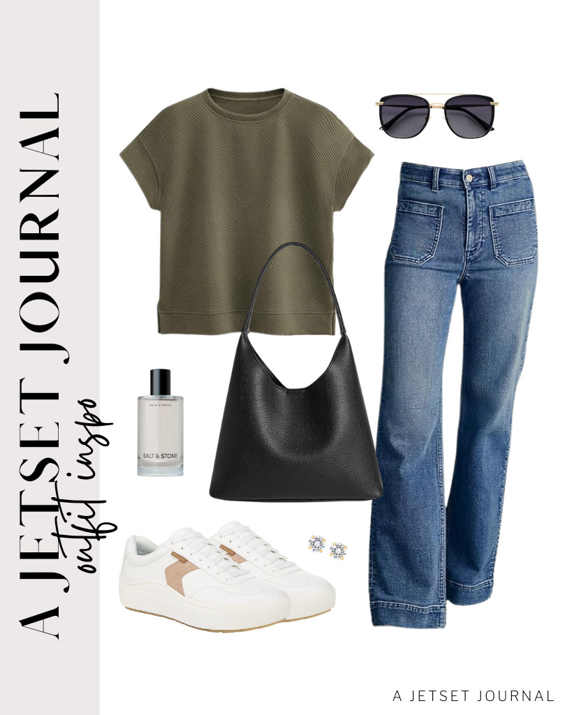 You can also pair an army green PRETTYGARDEN top with Astylish wide-leg jeans. Style it with this trendy shoulder bag and Dr. Scholl’s Time Off Win sneakers. Finish the look with SOJOS retro aviator sunnies. 

 #LTKSeasonal #LTKSaleAlert #LTKTravel