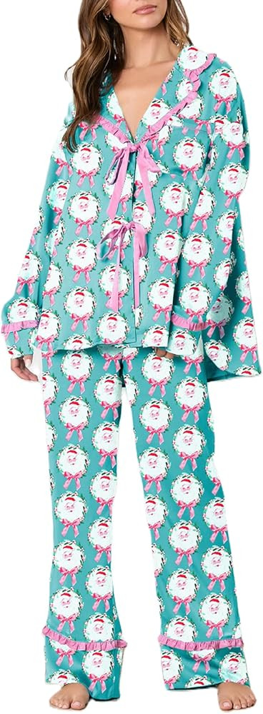 Faretumiya Women 2 Piece Christmas Pajamas Set Bow Tie Long Sleeve Button Shirts Wide Leg Pants C... | Amazon (US)