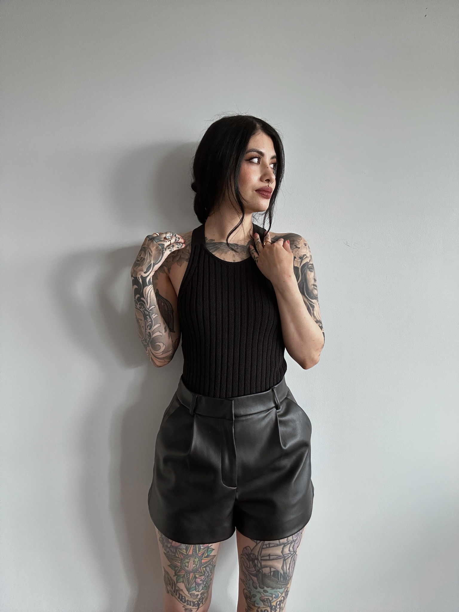 Black leather shorts, black knit halter neck top, black top, all black outfit, summer outfit 

#LTKstyletip #LTKFind #LTKSeasonal