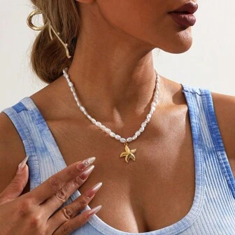 1st roestvrijstalen gouden zeesterketting met asymmetrische barokke parel | SHEIN  Nederland | SHEIN