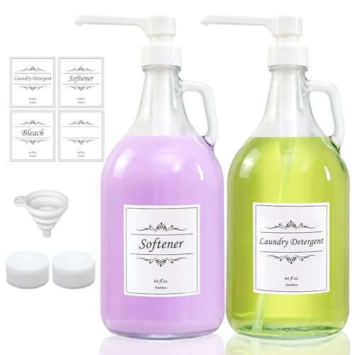 2 Pcs Glass Liquid Laundry Detergent Dispenser with Pump (Upgraded), 64 oz Dispenser for Laundry Room, Half Gallon Glass Jugs with Airtight Lid | Amazon (US)