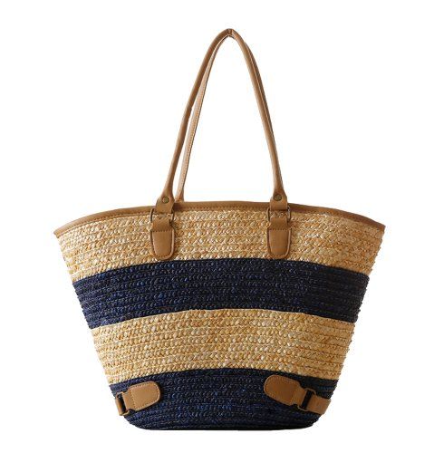 Tonwhar European Style Large Capacity Stripes Straw Bag Woven Beach Bag (Blue) | Amazon (US)