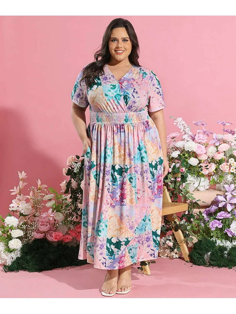CASSIE LIZ Plus Size Dresses 3X Summer Midi Womens Sun Dresses Pink Patchwork Floral Boho Beach S... | Walmart (US)