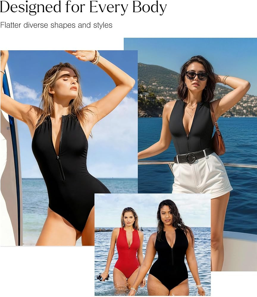 Popilush One Piece Swimsuits for Women Shapewear Tummy Control Zip Up Swimwear Slimming Bathing S... | Amazon (US)