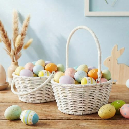 Remerry 2 Pieces Easter Basket for Egg Hunt White Wicker Baskets with Handle Small Picnic Woven Basket Braided Gift Wedding Baby Shower Farmhouse Decor | Amazon (US)