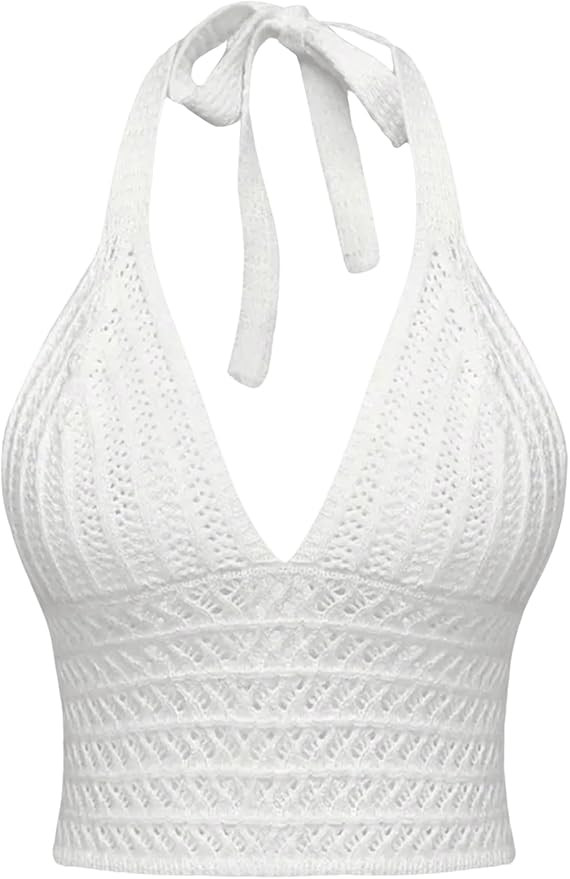 Verdusa Women's Crop Halter Tops Y2k Goth Clothes Crochet Cami Sleeveless Tie Backless Boho Knit ... | Amazon (US)