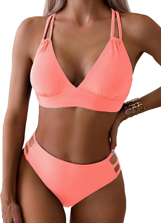 Women's Sexy V Neck Bikini Sets Hollow Out Two Piece Swimsuits Cutout Mid Waist Bathing Suit | Amazon (US)