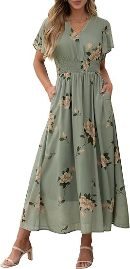 ANRABESS Womens Summer Floral Maxi Dress Casual V Neck Short Sleeve Chiffon Boho Flowy Beach 2026... | Amazon (US)