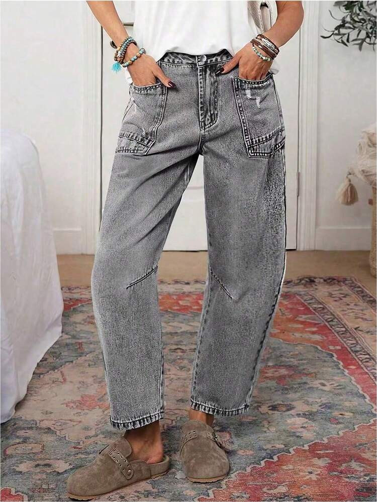 EMERY ROSE Plus Size Casual Washed Flared Leg Jeans Casual Street Patchwork Pocket Loose Wide Leg Jeans Women Jeans Baggy Loose Jeans New Autumn And Winter Washed Distressed Gray Jeans Cropped Pants | SHEIN