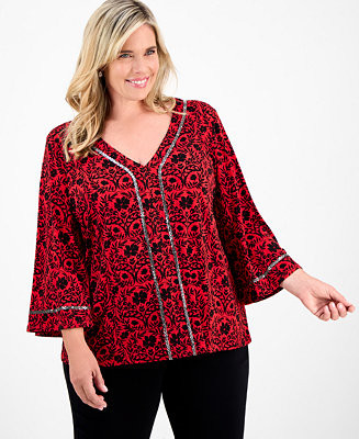 JM Collection Plus Size Embellished V-Neck 3/4-Sleeve Top, Macy's Exclusive - Macy's | Macy's