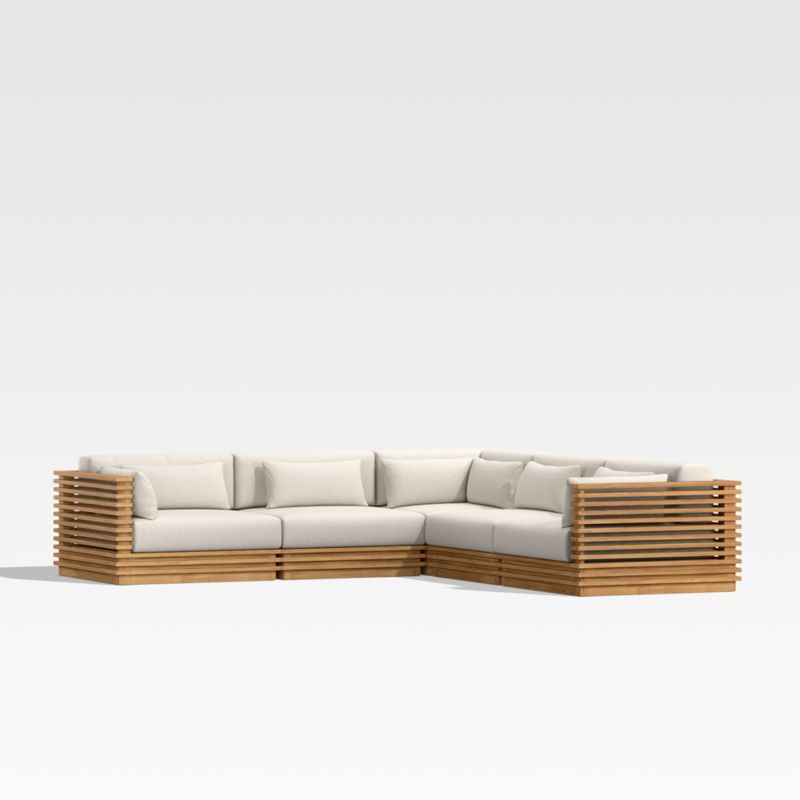 Batten 5-Piece L-Shaped Teak Outdoor Sectional Sofa with Oat Cushions + Reviews | Crate & Barrel | Crate & Barrel