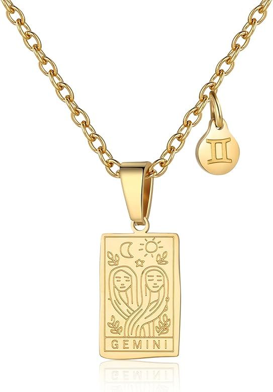 Zodiac Sign Necklace for Women Constellation Tarot Card Pendant Double Sided Gold Stainless Steel... | Amazon (US)