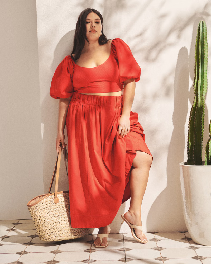 Puff Sleeve Mixed Fabric Top | Abercrombie & Fitch (US)