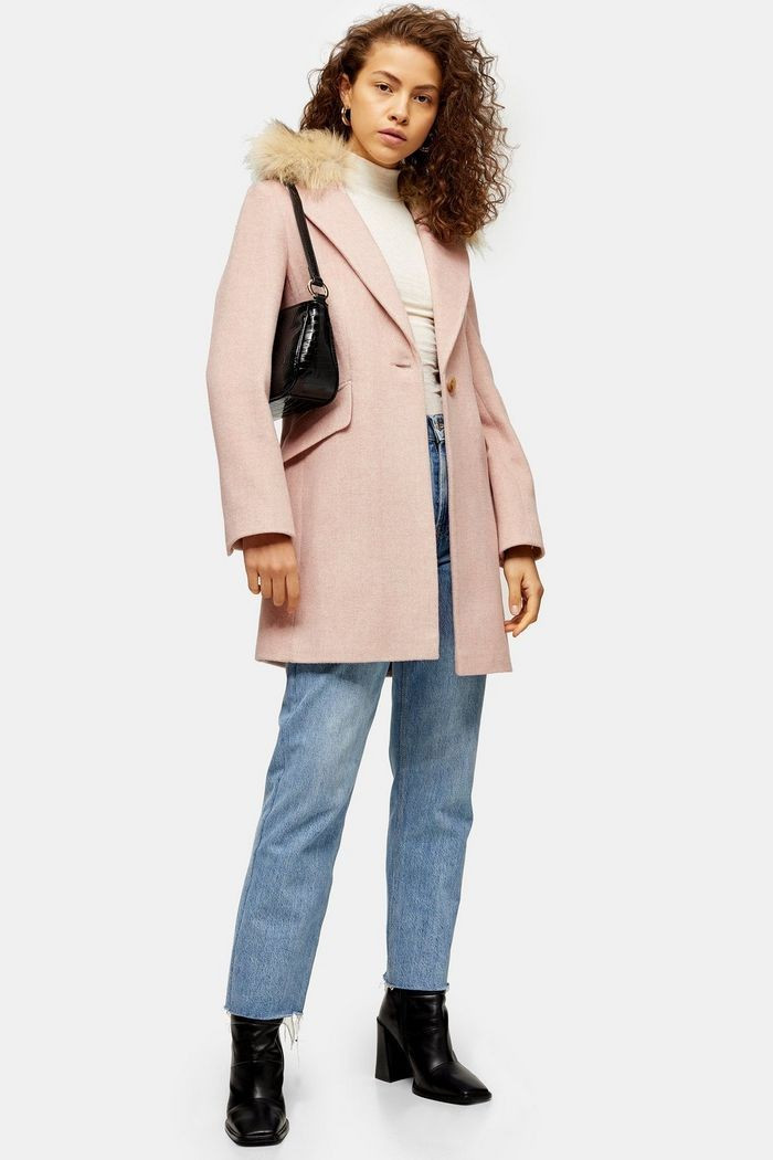 Pink Faux Fur Hood Herringbone Coat | Topshop US