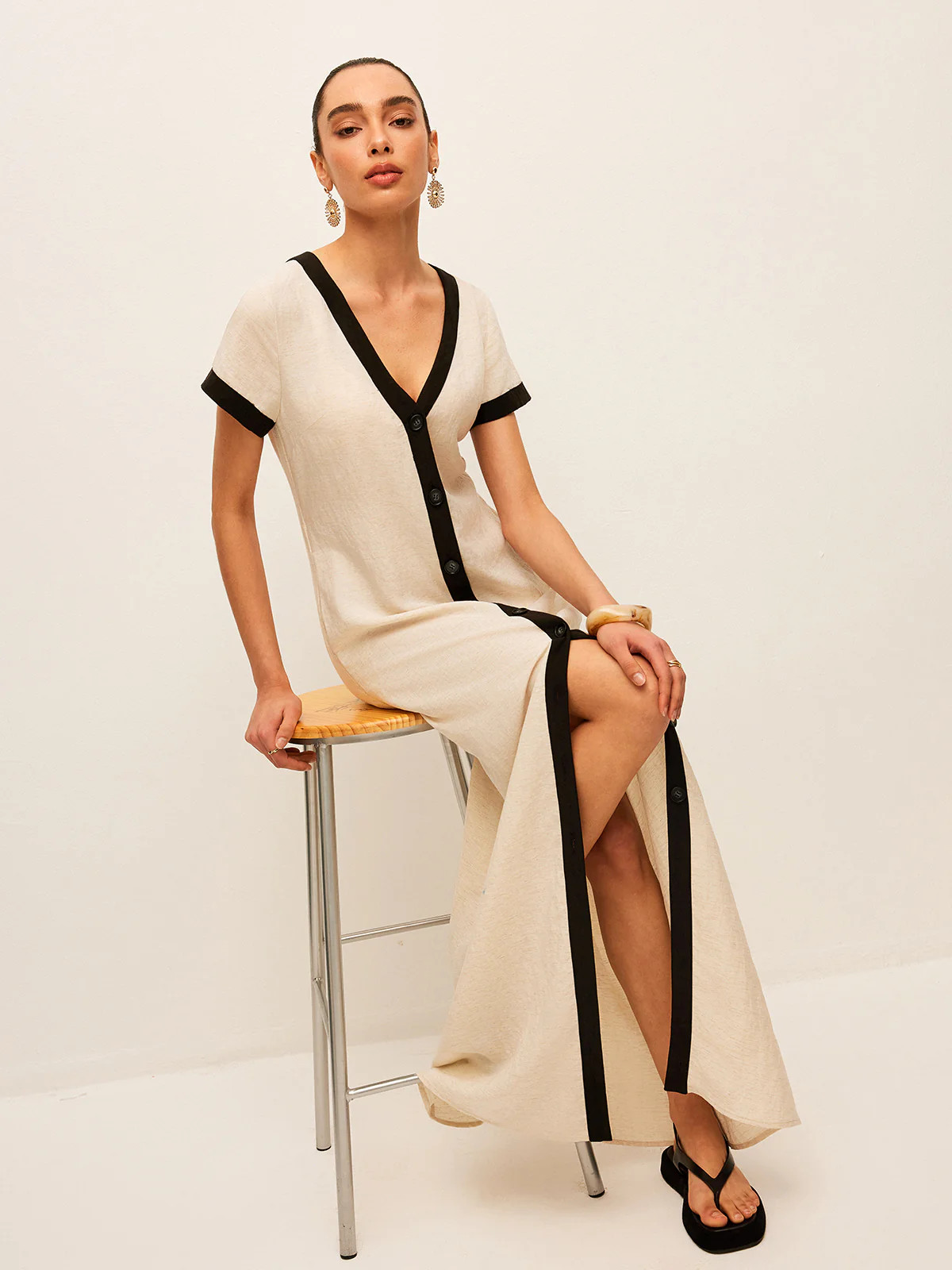 Cotton & Linen High-Slit Contrast Trim Dress | Commense