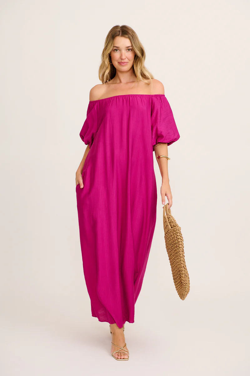 Lyrica Maxi Off Shoulder Dress in Purple Linen Blend | St Frock | St.Frock AU