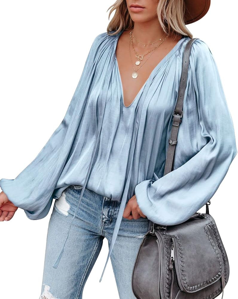 LAMISSCHE Womens Sexy Deep V Neck Blouse Lantern Long Sleeve Chiffon Shirt Oversized Drawstring S... | Amazon (US)
