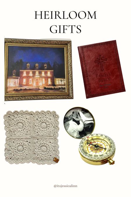 Heirloom gifts
Gifts that can be passed down for generations
High quality meaningful sentimental gifts for yourself or loved ones
Heirloom photo and compass
Custom painting of your home
Family heirloom leather bible
Crochet doily 
Etsy


#LTKhome #LTKFind #LTKGiftGuide